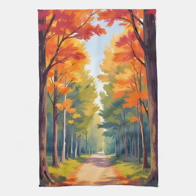 Autumn Path Fall Foliage Watercolor Landscape Kitchen Towel (Vertical)