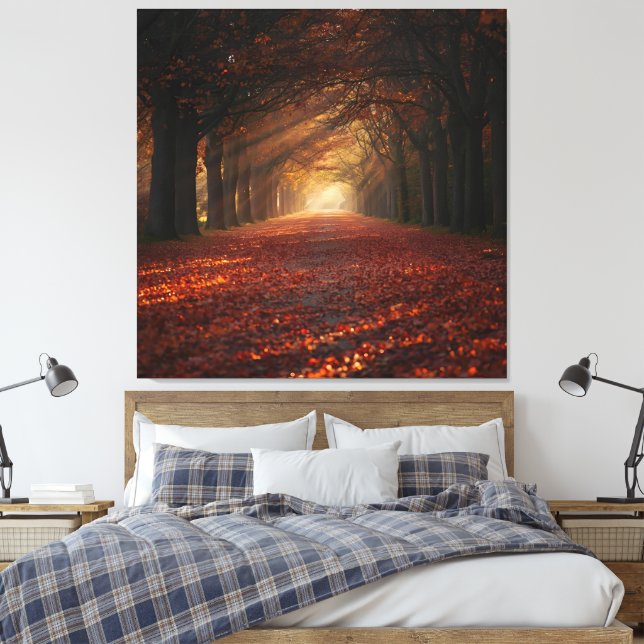 Autumn Pathway – Serene Tree Tunnel Art Print (Insitu(Bedroom))