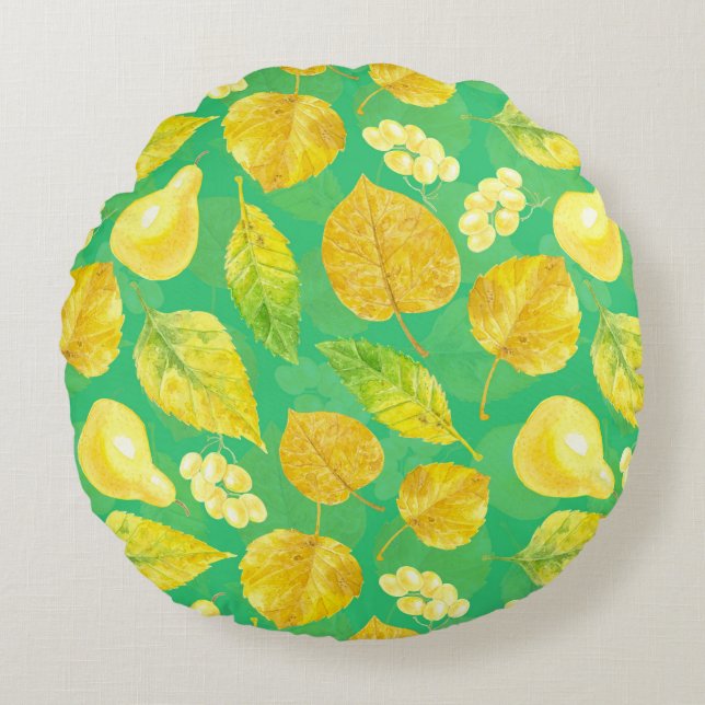 Autumn pattern watercolor round pillow (Front)