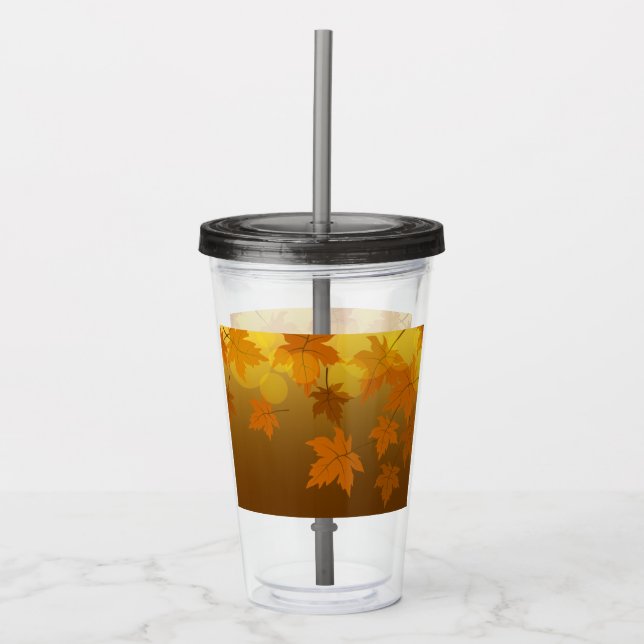 Autumn pattern with falling maple leaves and bokeh acrylic tumbler (Front)