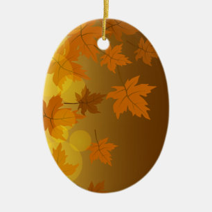 Autumn pattern with falling maple leaves and bokeh ceramic ornament