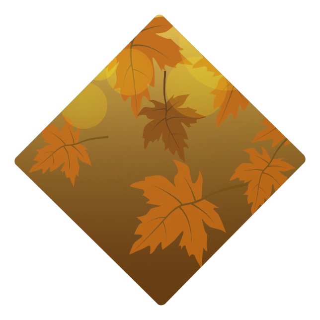 Autumn pattern with falling maple leaves and bokeh graduation cap topper (Front)