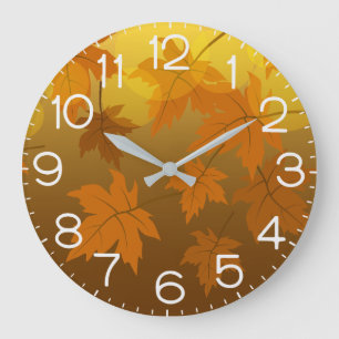 Autumn pattern with falling maple leaves and bokeh large clock