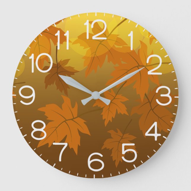 Autumn pattern with falling maple leaves and bokeh large clock (Front)