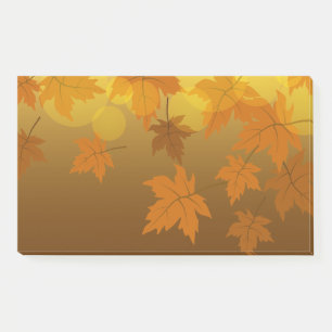 Autumn pattern with falling maple leaves and bokeh post-it notes