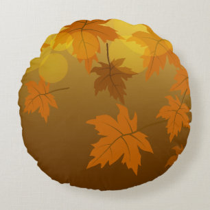 Autumn pattern with falling maple leaves and bokeh round pillow