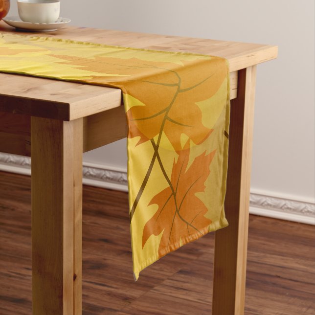 Autumn pattern with falling maple leaves and bokeh short table runner (In Situ)