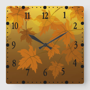 Autumn pattern with falling maple leaves and bokeh square wall clock