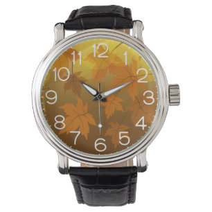 Autumn pattern with falling maple leaves and bokeh watch