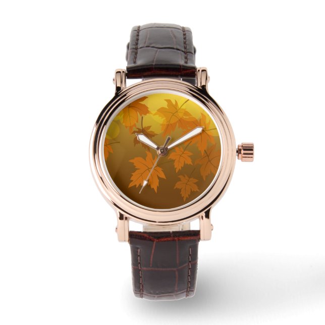 Autumn pattern with falling maple leaves and bokeh watch (Front)