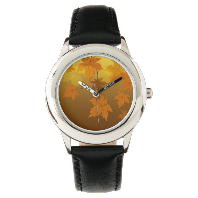Autumn pattern with falling maple leaves and bokeh watch (Front)
