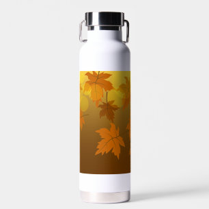 Autumn pattern with falling maple leaves and bokeh water bottle