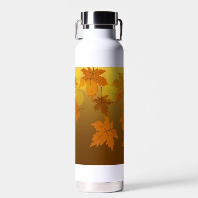 Autumn pattern with falling maple leaves and bokeh water bottle (Front)