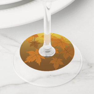 Autumn pattern with falling maple leaves and bokeh wine glass tag