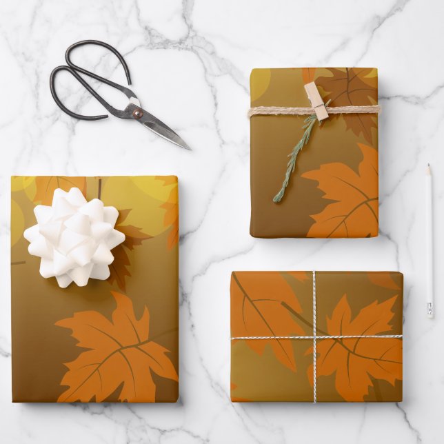 Autumn pattern with falling maple leaves and bokeh wrapping paper sheet (Front)