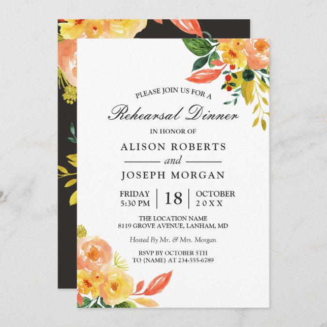 Autumn Peach Floral Fall Wedding Rehearsal Dinner Invitation (Front/Back)