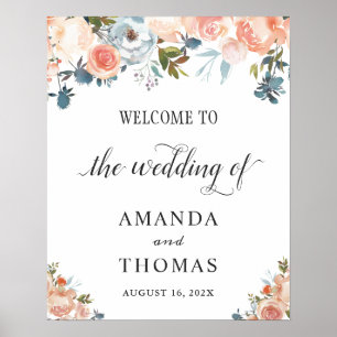 Autumn Peach Floral Wedding Welcome Sign