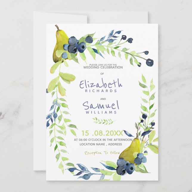 Autumn Pear Berries Floral Rustic Custom Wedding Invitation (Front)
