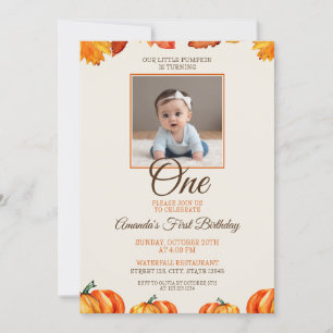 Autumn Photo Pumpkin Baby 1st Birthday Invitation