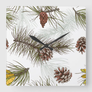 Autumn Pine Cones Square Wall Clock