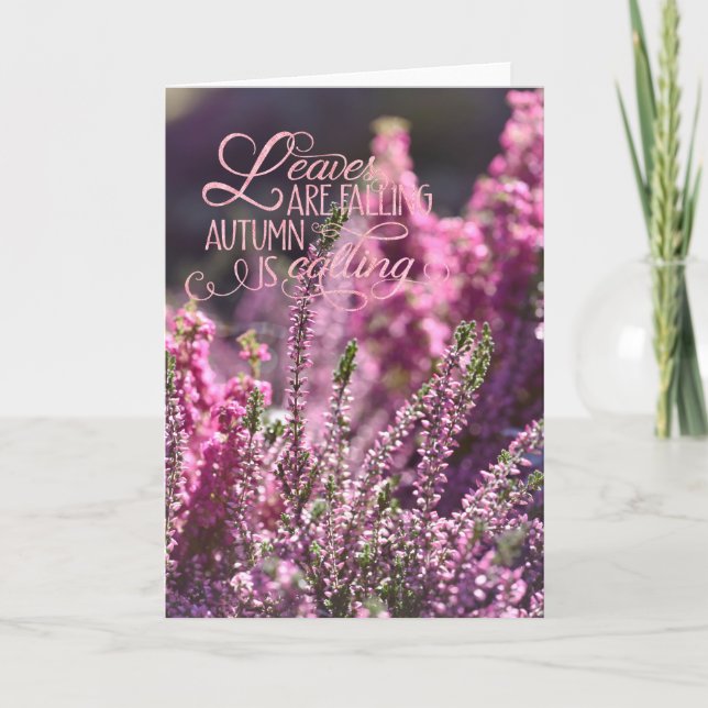 Autumn-Pink Heather Flower Floral editable Text Holiday Card (Front)