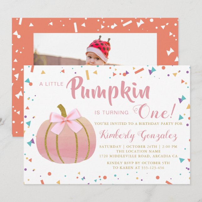 Autumn Pink Little Pumpkin 1st Birthday Photo Invitation (Front/Back)