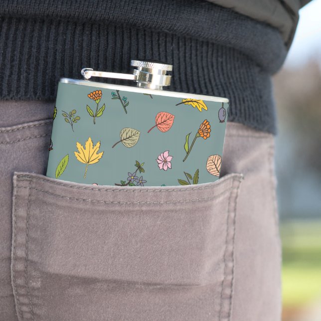 autumn pink red yellow flowers and leaves green hip flask (In Situ)