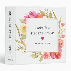 Autumn Pink Rose Floral Bridal Shower Recipe Book Binder