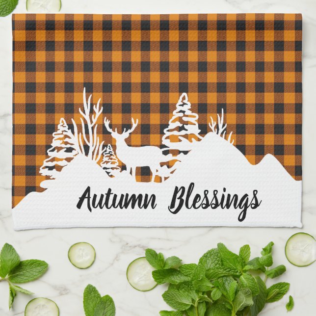 Autumn plaid and mountains kitchen towel (Folded)