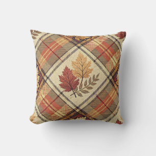 Autumn Plaid Maple Leaves Patchwork Tartan Pattern Throw Pillow