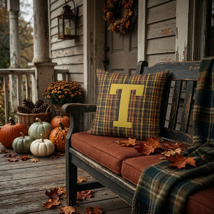 Autumn plaid monogram outdoor pillow