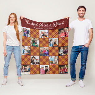 Autumn Plaid Personalized Unique 13 Photo Collage Fleece Blanket
