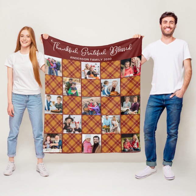 Autumn Plaid Personalized Unique 13 Photo Collage Fleece Blanket (In Situ)