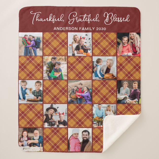 Autumn Plaid Personalized Unique 13 Photo Collage  Sherpa Blanket (Front)