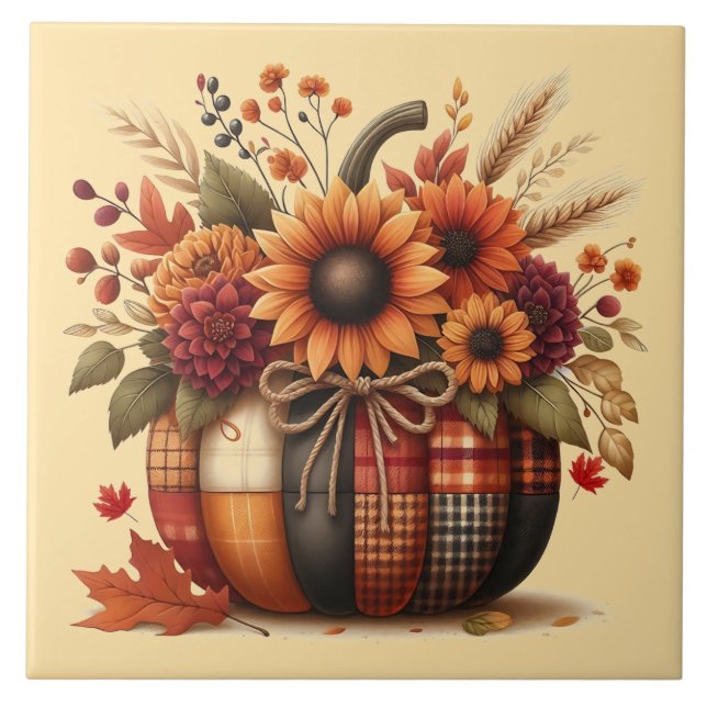Autumn Plaid Pumpkin Ceramic Tile (Front)