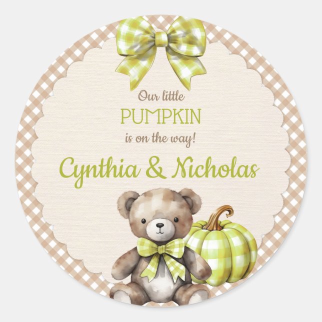 Autumn Plaid Teddy Bear Pumpkin Green Beige Classic Round Sticker (Front)
