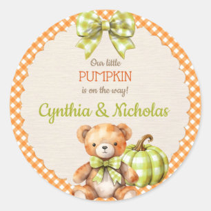 Autumn Plaid Teddy Bear Pumpkin Leaves Classic Round Sticker