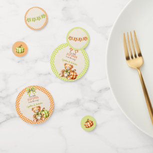 Autumn Plaid Teddy Bear Pumpkin Leaves Confetti