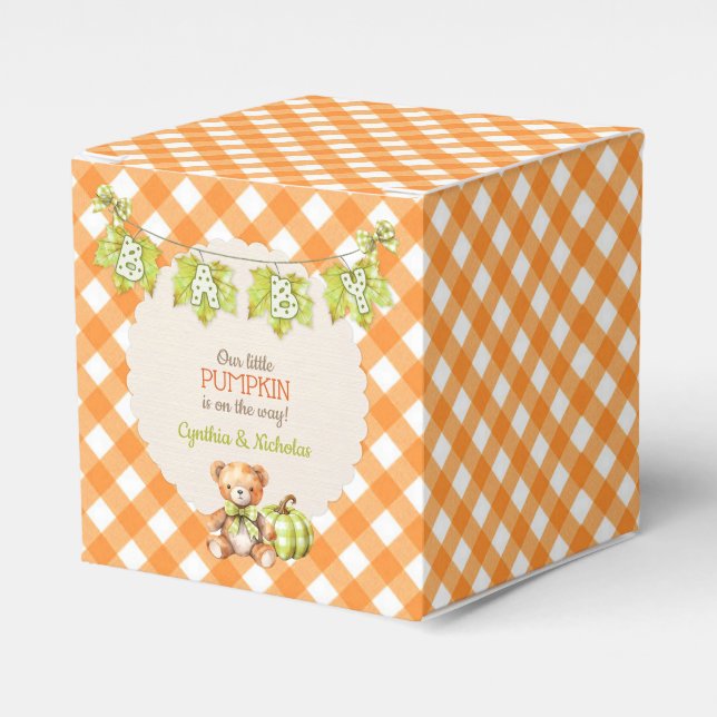 Autumn Plaid Teddy Bear Pumpkin Leaves Favor Box (Front Side)