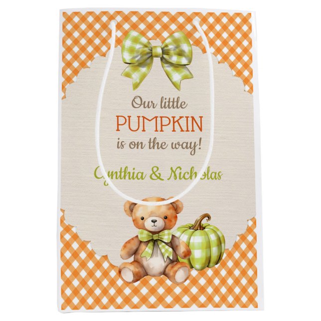 Autumn Plaid Teddy Bear Pumpkin Leaves Medium Gift Bag (Front)