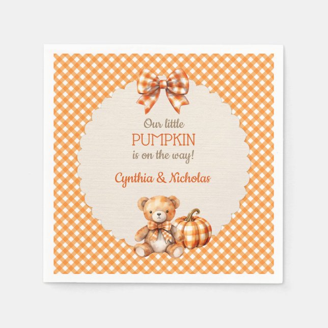 Autumn Plaid Teddy Bear Pumpkin Napkin (Front)