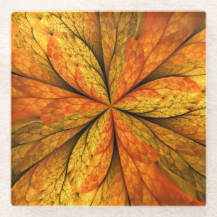 Autumn Plant, Modern Abstract Fractal Art Leaf Glass Coaster