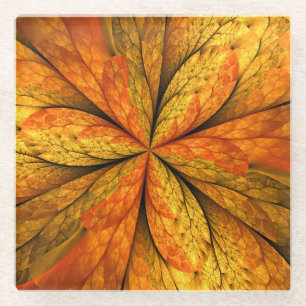 Autumn Plant, Modern Abstract Fractal Art Leaf Glass Coaster
