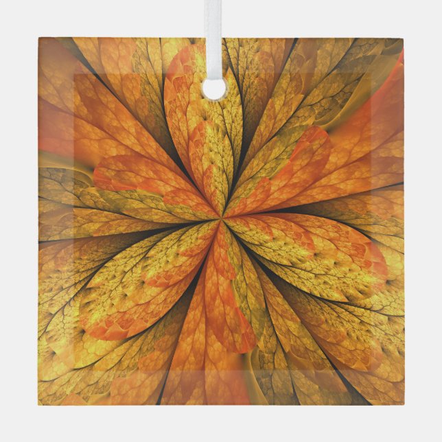 Autumn Plant, Modern Abstract Fractal Art Leaf Glass Ornament (Front)