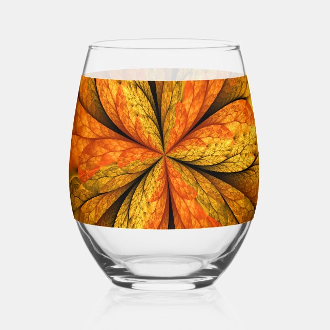 Autumn Plant, Modern Abstract Fractal Art Leaf Stemless Wine Glass (Front)