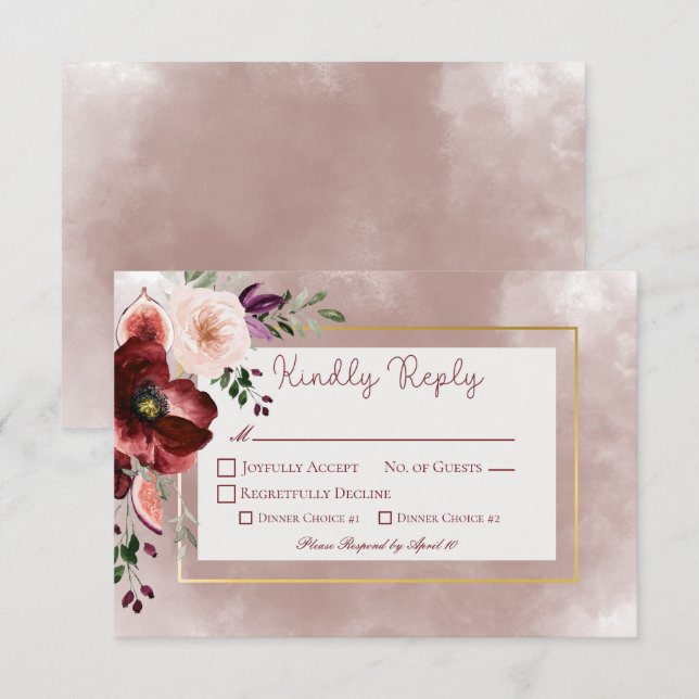 Autumn Plum Floral Bouquet Wedding RSVP Card (Front/Back)