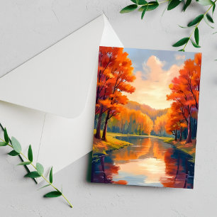 Autumn Pond Fall Foliage Watercolor Nature Card
