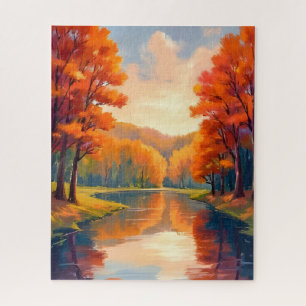 Autumn Pond Fall Foliage Watercolor Nature Jigsaw Puzzle