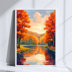 Autumn Pond Fall Foliage Watercolor Nature Poster