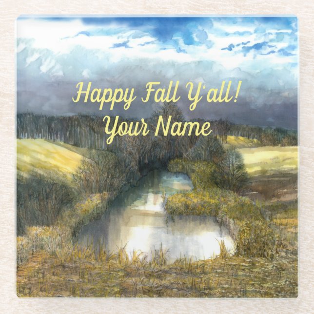 Autumn pond watercolor glass coaster (Front)